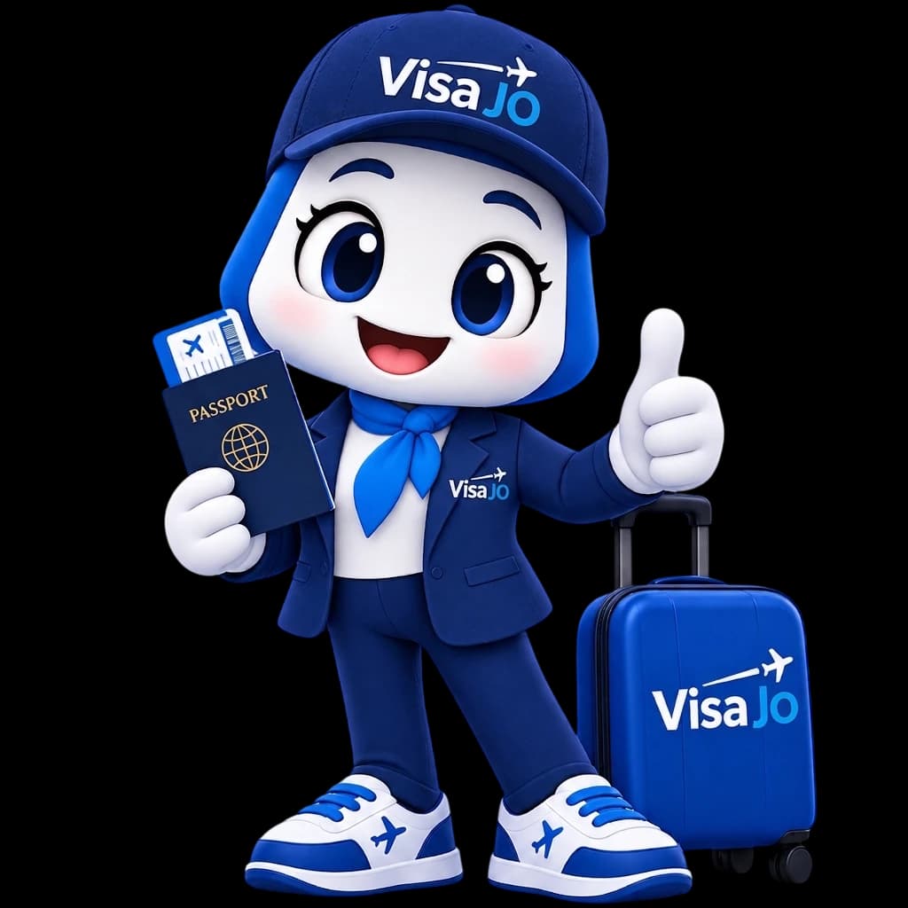 The Visa JO mascot in a branded cap, holding a passport and boarding pass